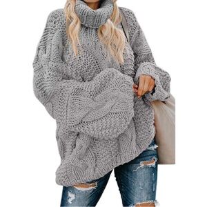COZY CHUNKY WOMAN’S WINTER Gray Turtleneck Sweater NEW